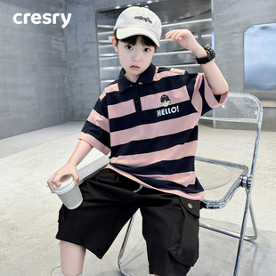 潮牌男童条纹POLO衫 夏装 韩国CRESRY童装 短袖 2025新款 大童纯棉半袖