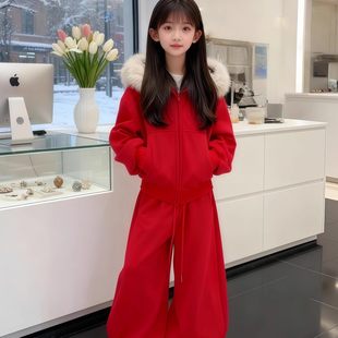 英国DGKP2025秋冬季新款女童套装红色本命年过年衣服加绒儿童外套