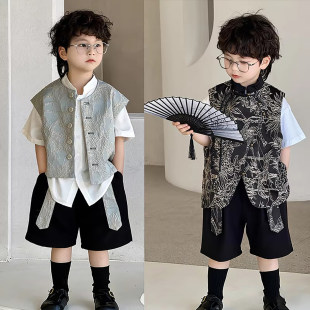法国Uamtor儿童新中式套装夏季男童走秀表演国风暗纹提花唐装上衣