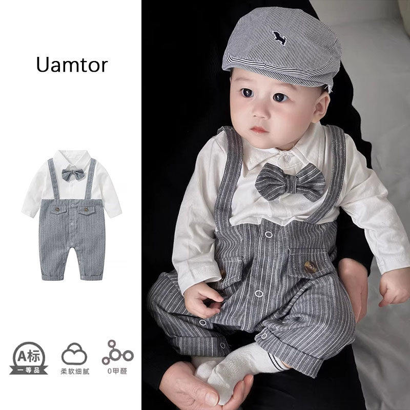 法国Uamtor婴儿春装男宝宝绅士连体衣满月百天周岁礼服英伦风套装