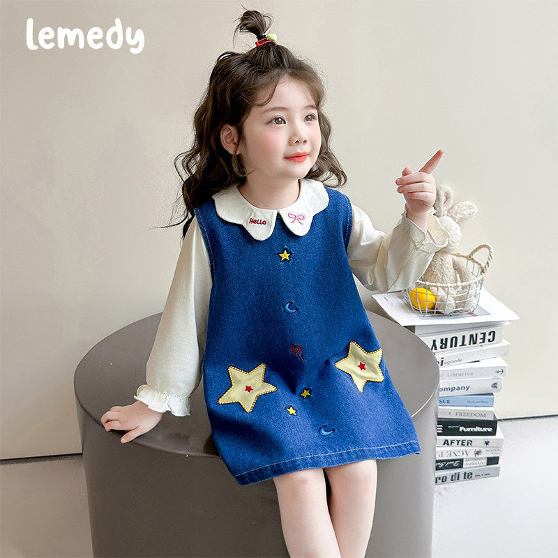 韩国Lemedy女童牛仔裙套装春装2026新款儿童春季衬衫连衣裙两件套