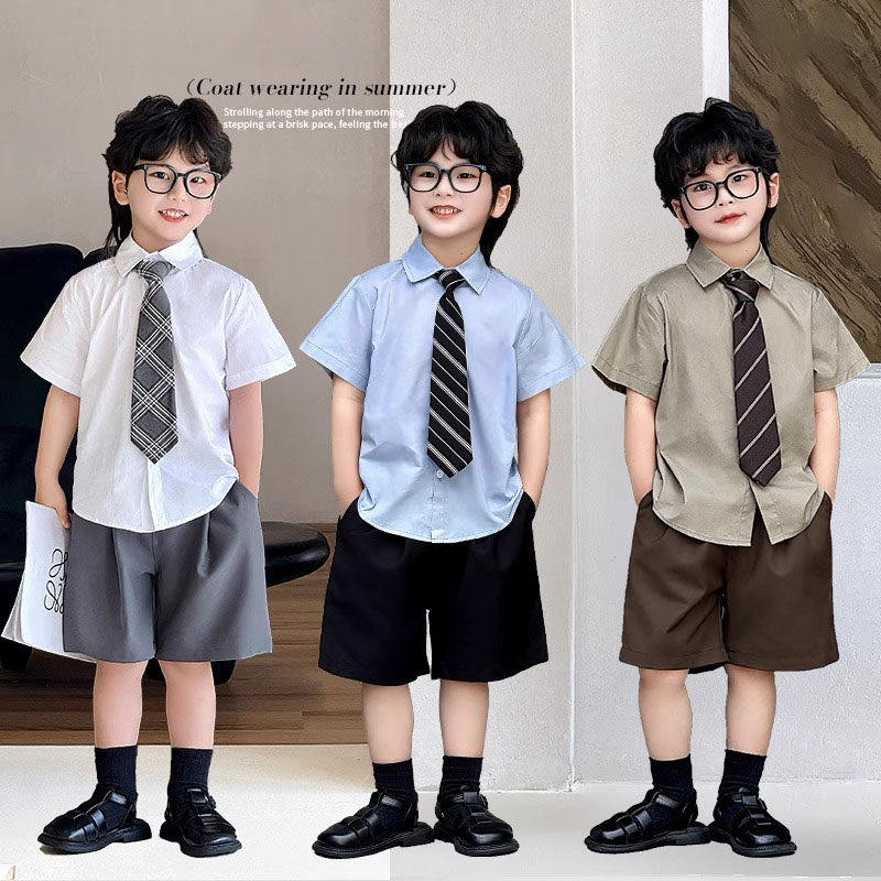 法国Uamtor男童套装夏季2026新款学院风白色短袖衬衫时髦套装潮酷