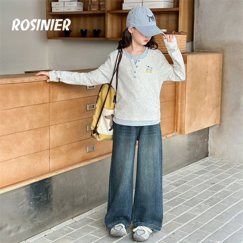 韩国ROSINIER女童T恤2026新款中大童春季女孩长袖儿童打底衫春装