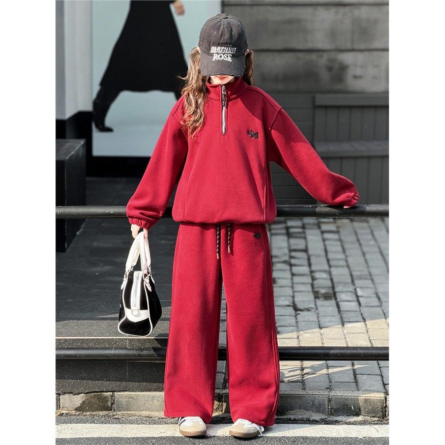 英国DGKP2025秋冬季新款女童加绒运动红色卫衣阔腿裤套装儿童年服