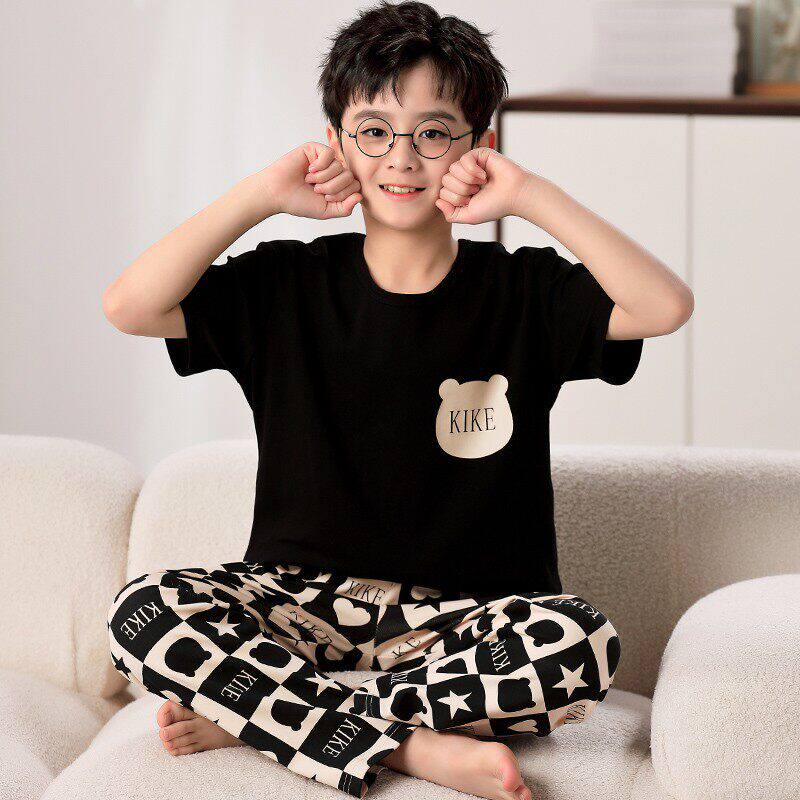 法国Uamtor夏季男童睡衣短袖长裤纯棉卡通空调服中大童男孩家居服