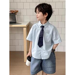 法国Uamtor男童衬衫短袖纯棉夏装2025新款套装白色衬衣学院风