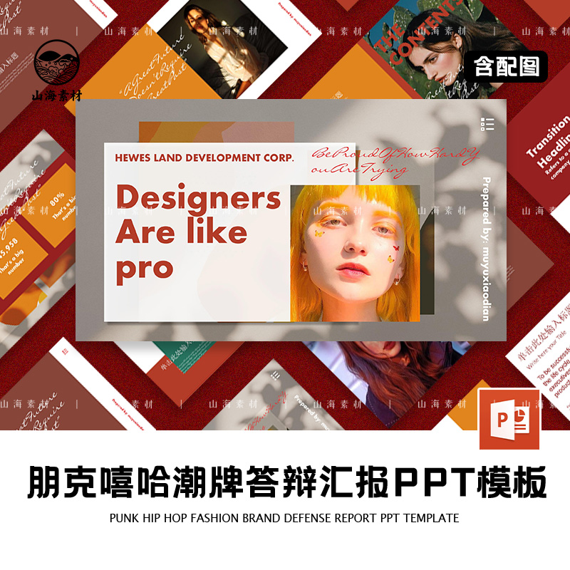 朋克嘻哈潮牌答辩汇报PPT模板橙红美式复古服装街头设计简历作品