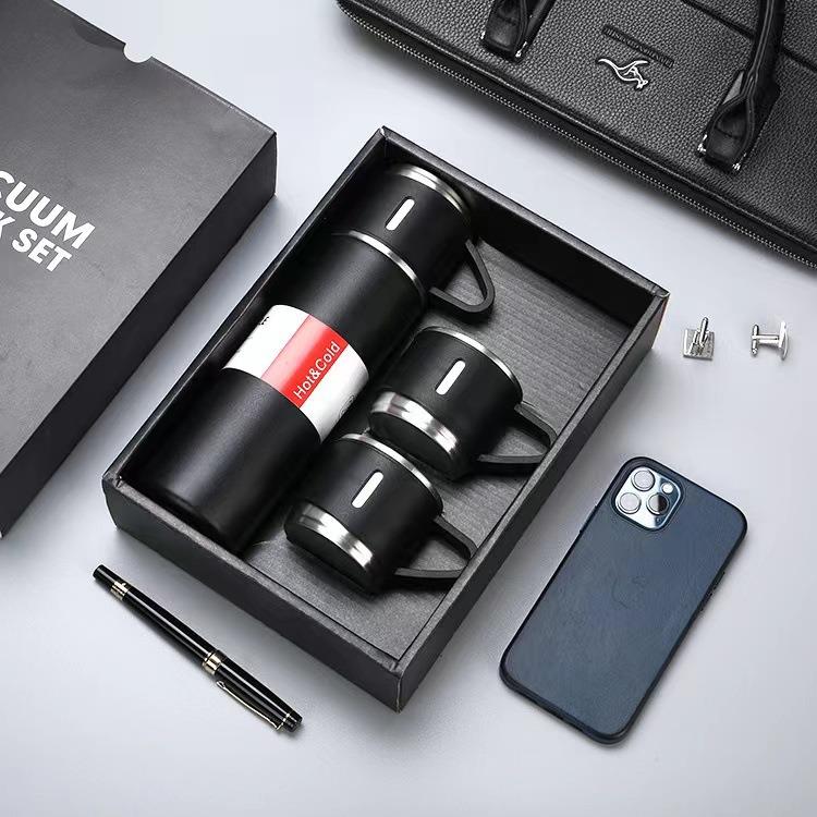 热卖商务保温杯一杯3盖礼盒套装保温杯304不锈钢钢盖水杯刻字