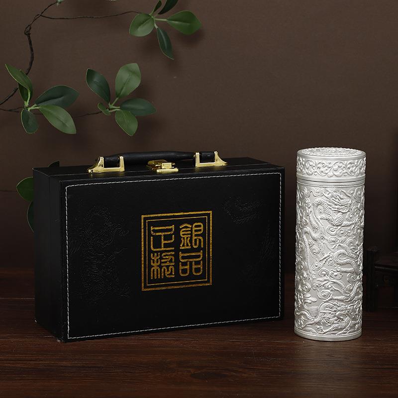 九龙浮雕礼品水杯渡银保温水杯足银内胆过滤茶杯家用商务摆件套装