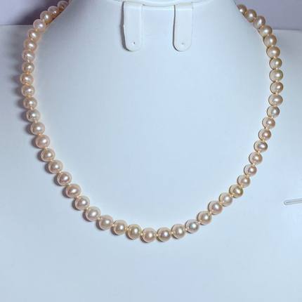 天然粉色近圆淡水珍珠长款项链7-8mm橘色短款绕颈可调节S925银扣