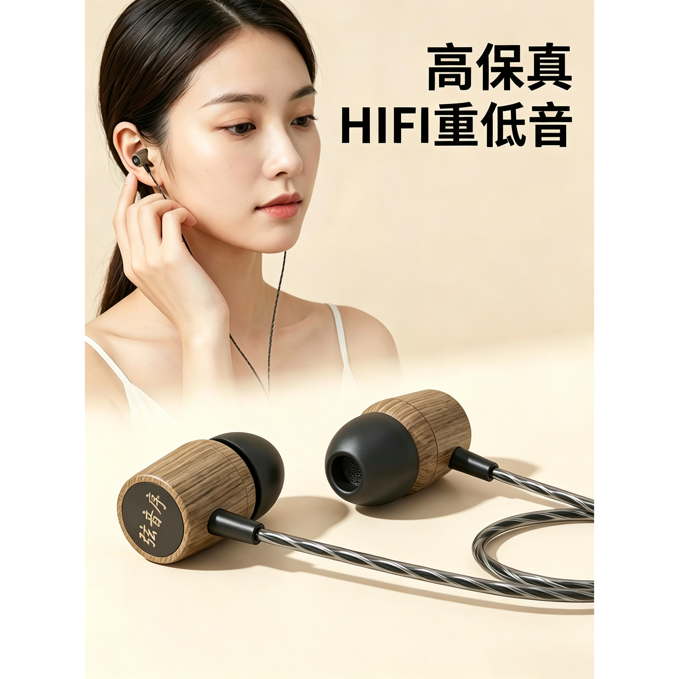 胡桃木D30 木质腔体高保真HIFI  入耳式耳机重低音 线控带麦3.5mm