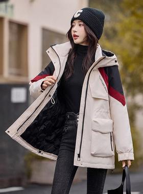 女式羽绒服冬季新款撞色中长款冲锋衣连帽时尚保暖鸭绒外套OU6770