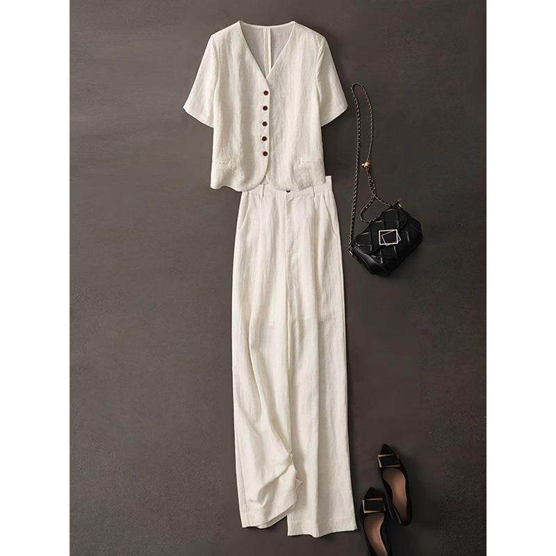 大方得体穿搭一整套夏日套装女老钱风高级感短袖上衣阔腿裤两件套