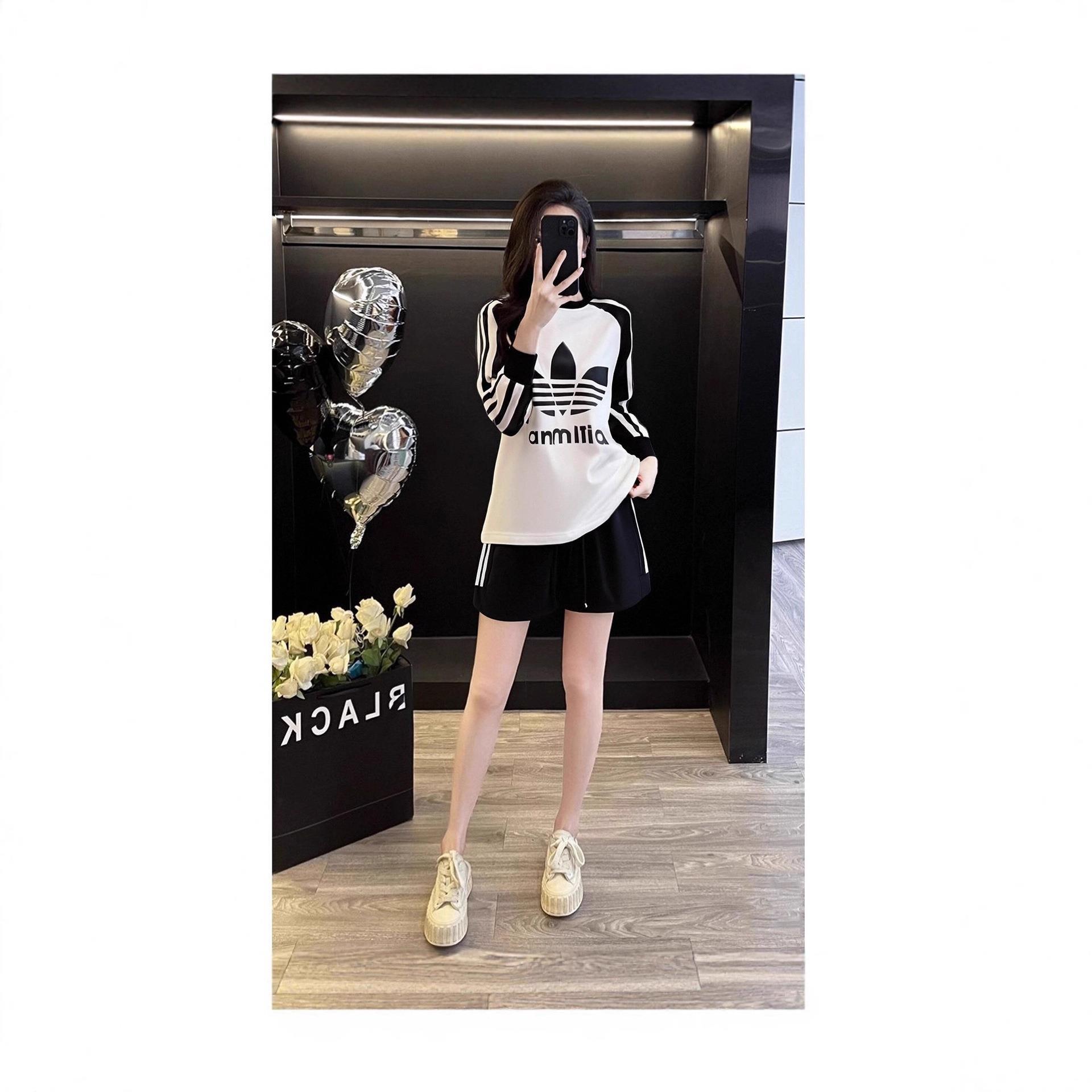 夏天女款2025新款欧美风大码宽松休闲长袖T恤短裤运动套装两件套