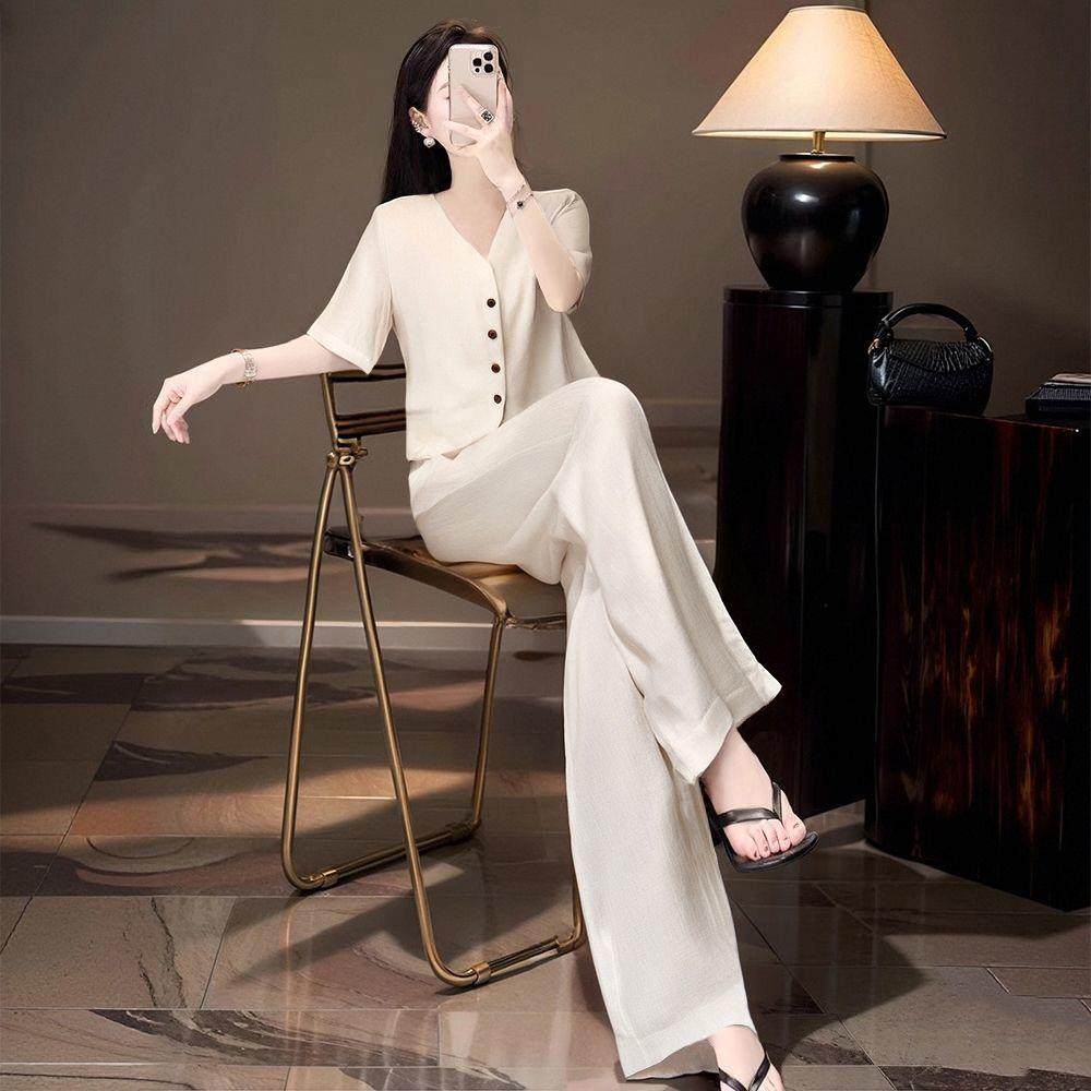 大方得体穿搭一整套夏日套装女老钱风高级感短袖上衣阔腿裤两件套