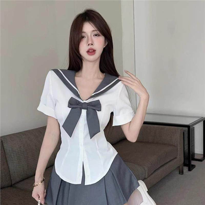 甜美jk制服学院风套装女夏季海军领收腰短袖衬衫高腰半身裙三件套