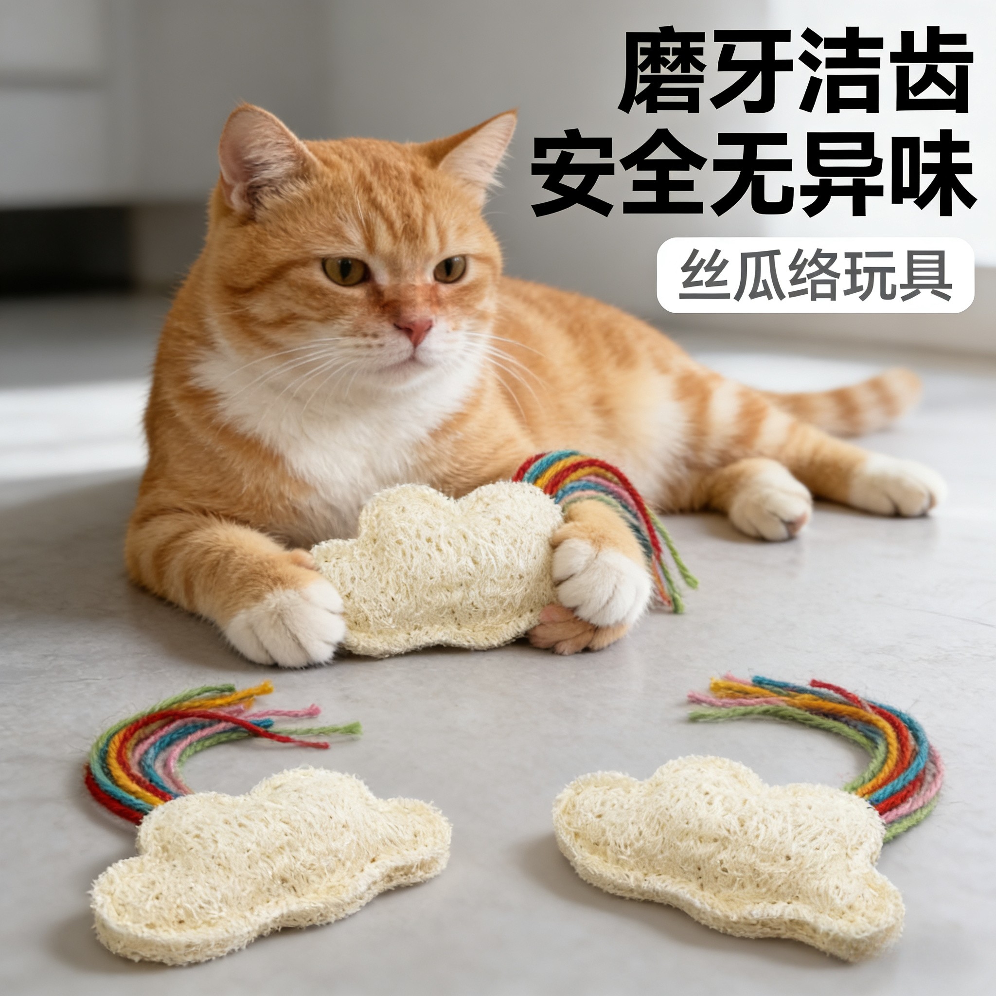 彩虹云朵丝瓜络猫玩具带铃铛磨牙洁齿玩具安全无异味猫啃咬玩具