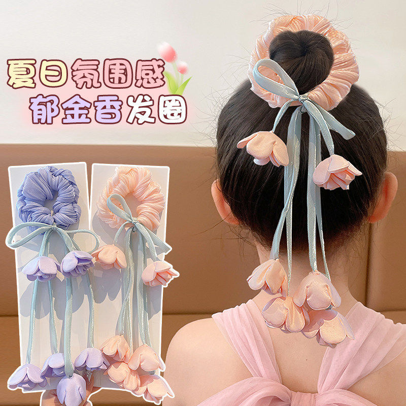 韩系花朵发圈春夏季女儿童氛围感郁金香花朵飘带发绳头饰发饰头绳
