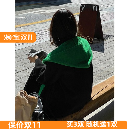博主BI备休闲帽子围巾一体披肩假领子春秋保暖条纹毛线针织小坎肩