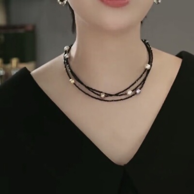 法式轻奢手工黑色串珠多层项链女