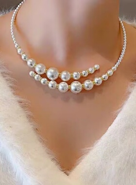 名媛气质不规则交叉珍珠项链女