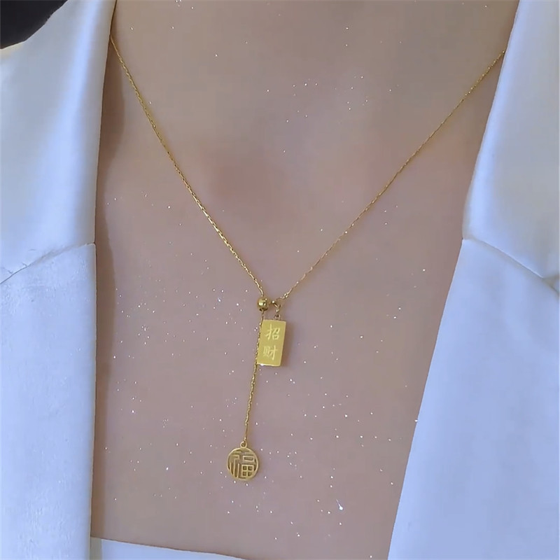 抽拉可调节福牌招财小方砖项链女