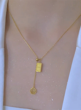 抽拉可调节福牌招财小方砖项链女