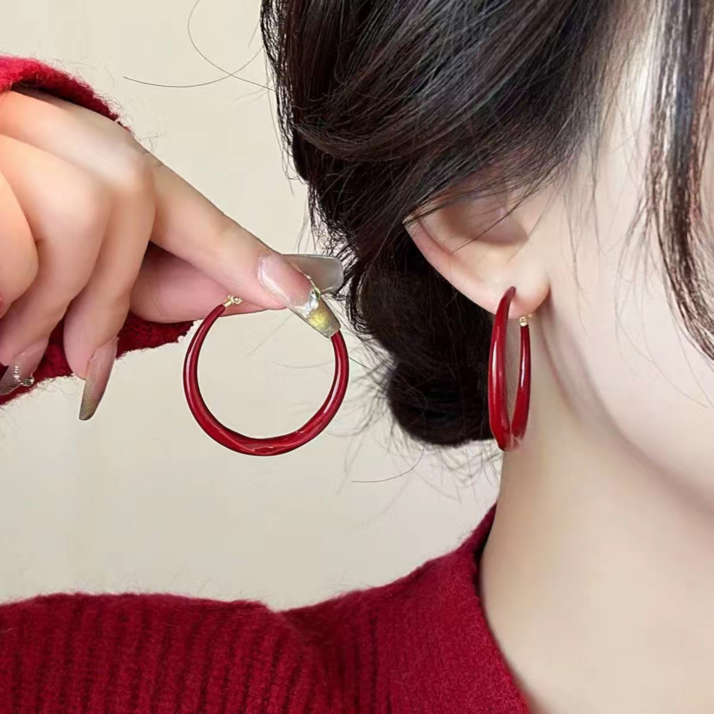 新年红色珐琅滴釉大耳圈耳环女