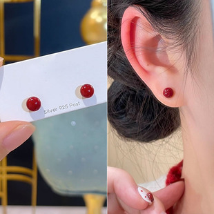 冬季红色红豆耳钉女网红新款安克拉红925银针耳环高级感过年耳饰