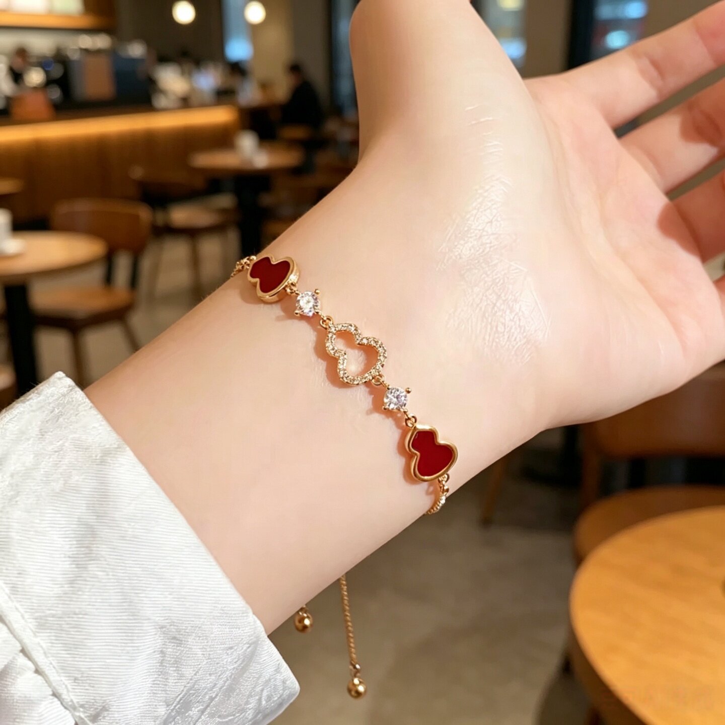 抽拉可调节红色葫芦手链女