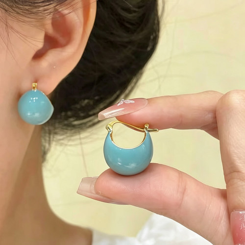 夏季清新蓝色滴釉U形耳环女