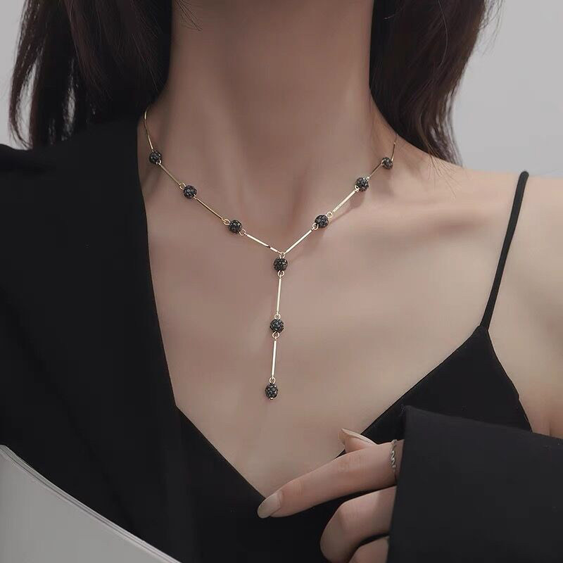 黑色串珠Y字形项链女夏季网红轻奢爆款锁骨链时尚高级感颈链配饰