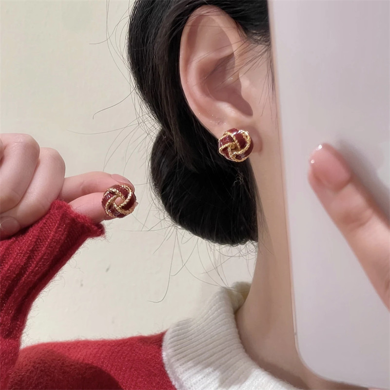 新年复古红色滴釉同心结耳钉女