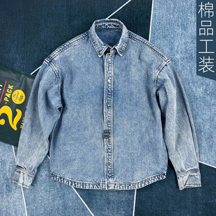 做旧上衣潮牌工装 秋季 男宽松长袖 高端复古痞帅风重磅牛仔衬衫 厚款