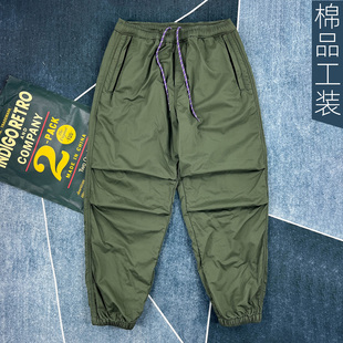 工装风束脚加绒加厚休闲裤男军绿色松紧腰抽绳长裤户外机能风
