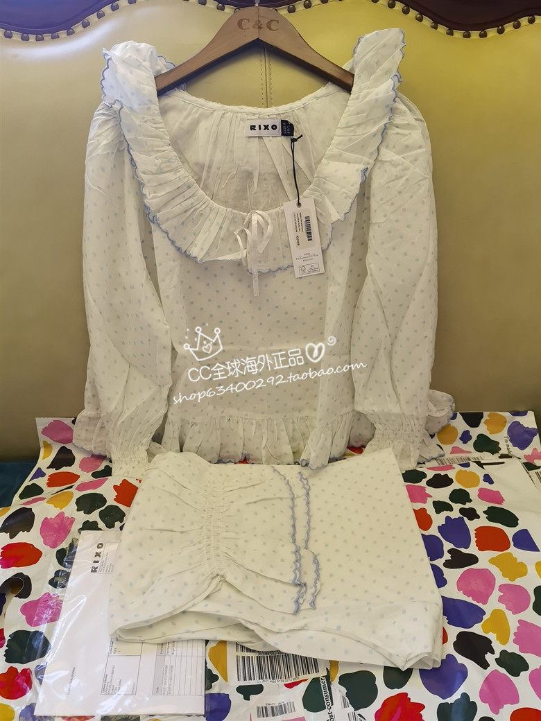 现货 RIXO BOBBIE 蓝色波点荷叶边睡衣灯笼裤泡泡袖上衣家居服女