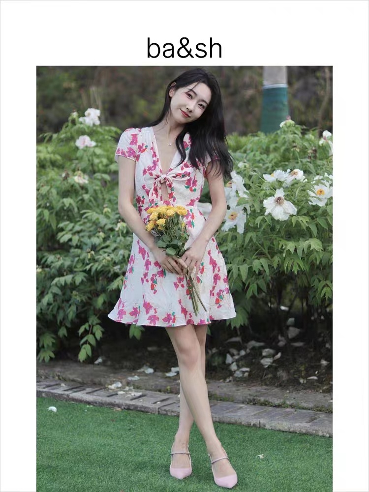 收褶连衣裙浪漫桃花裙