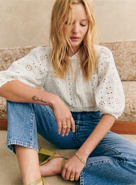 法国 zezane 24春夏复古白色蕾丝刺绣镂空立领衬衫