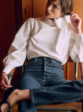 美国代购 sezane 24秋冬长袖衬衫 白色丝带结纯棉上衣蝴蝶领带