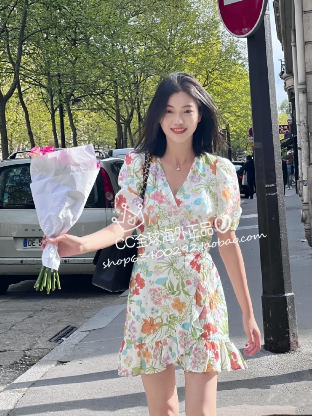 法式裹身亚麻印花泡泡袖