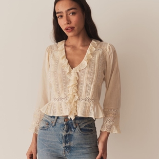 DOEN 美国代购 ELDORIS复古镂空蕾丝上衣 荷叶边V领衬衫(现货)