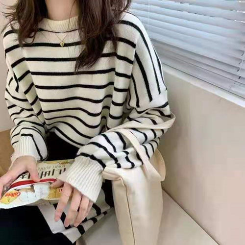 日系毛衣女外穿韩版条纹2023秋洋气百搭宽松休闲针织衫2023年冬季