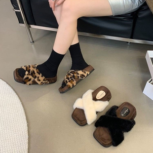 棉拖女鞋 休闲百搭温柔豹纹厚底毛毛鞋 春夏季 复古交叉毛毛外穿拖鞋