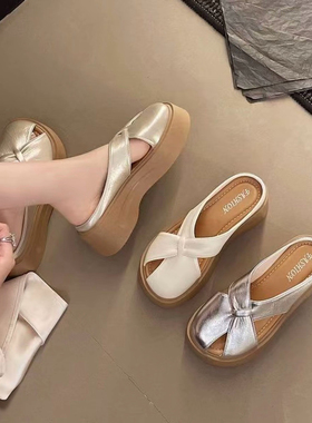 半拖鞋女鞋外穿勃肯2026新款包头一脚蹬配裙子鞋拖夏半托厚底镂空