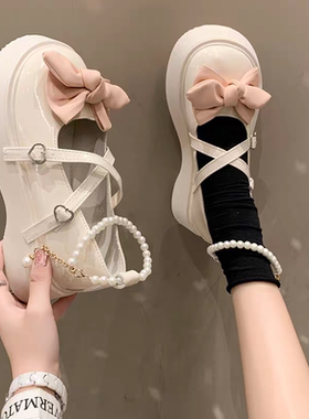 甜美学院风蝴蝶结玛丽珍单鞋女厚底小皮鞋珍珠链条大码女鞋