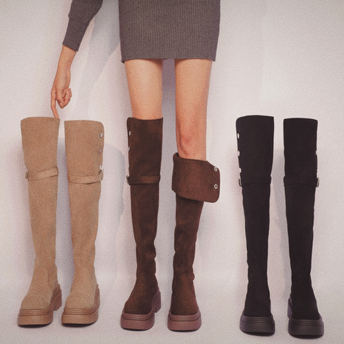 爆款复古2025百搭季潮流两穿翻折厚底西部靴粗跟过膝长靴骑士靴