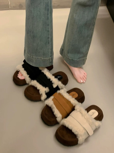 厚底毛绒勃肯鞋露趾一字毛毛拖鞋女外穿增高懒人休闲高级棉拖鞋子