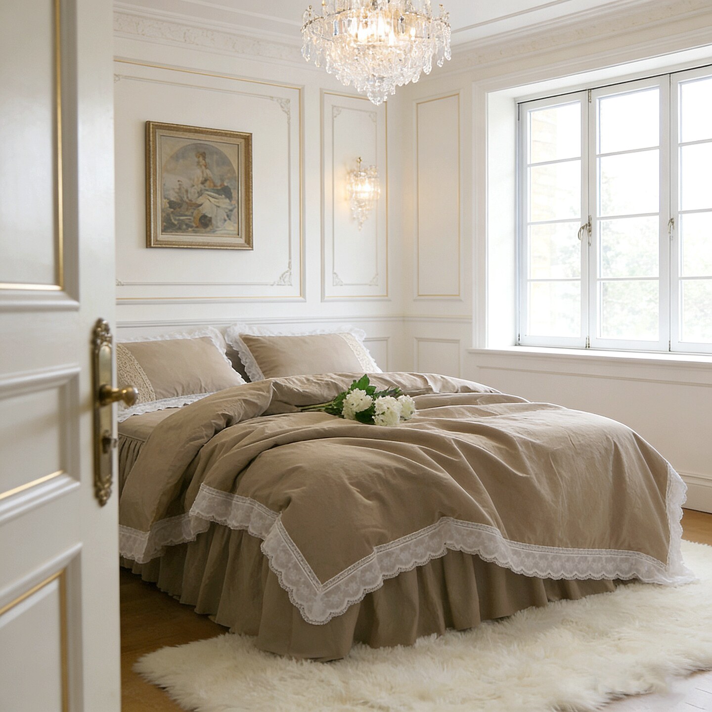 欧式北欧简约日式纯色环保棉麻绣花花边床裙款床上用品被套四件套