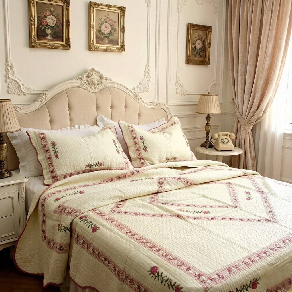 外贸余单欧式韩式田园刺绣纯棉绗缝夹棉床盖空调被三件套