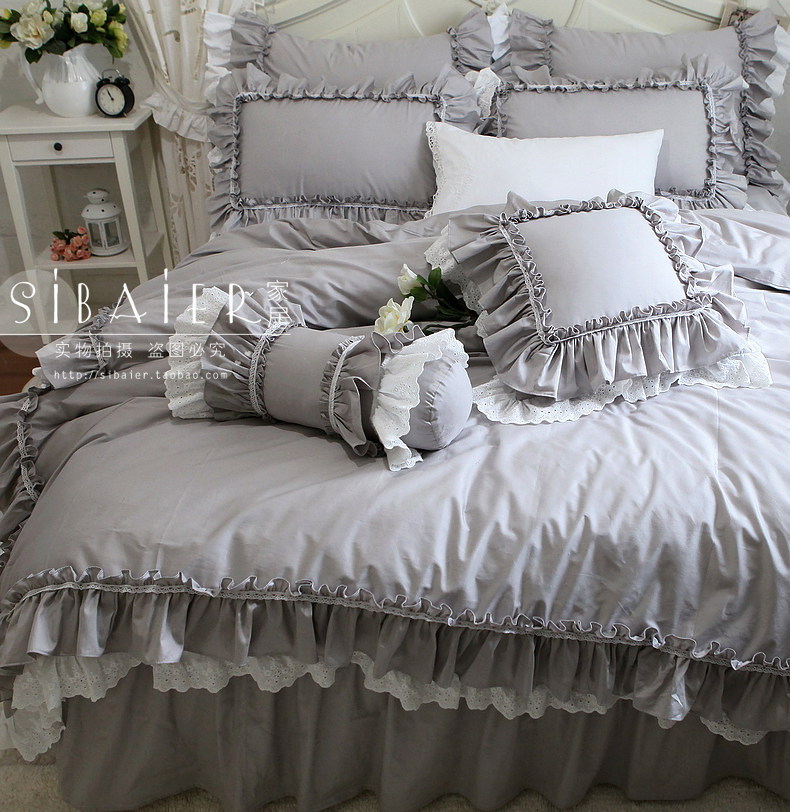 韩版艾琳娜纯灰色纯棉全棉荷叶花边蕾丝床裙款被套床上用品四件套